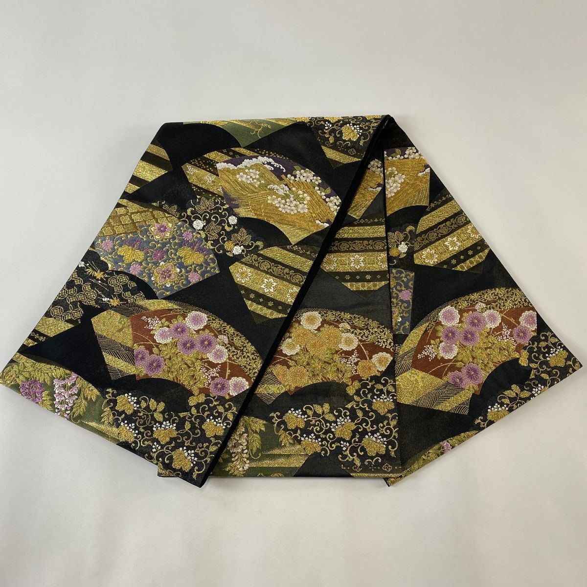 H-648 袋帯 正絹 お太鼓柄 金糸 箔 華模様 花丸模様 扇柄 金 H-648 袋帯 正絹 お太鼓柄 金糸 箔 華模様 花丸模様 扇柄 金