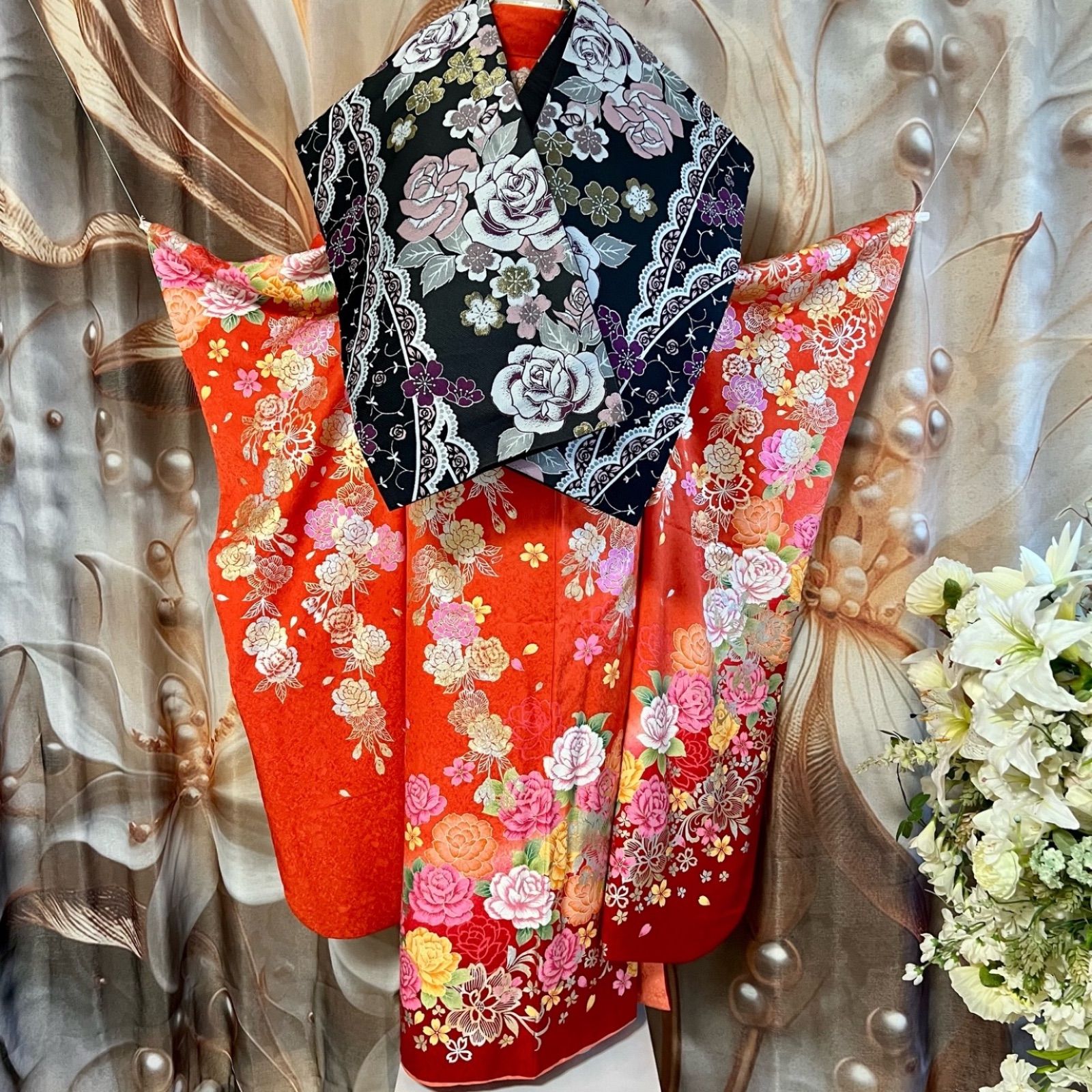 美品 2L L 振袖小物一式 新品刺繍半衿 フルセット 大きめ サイズ