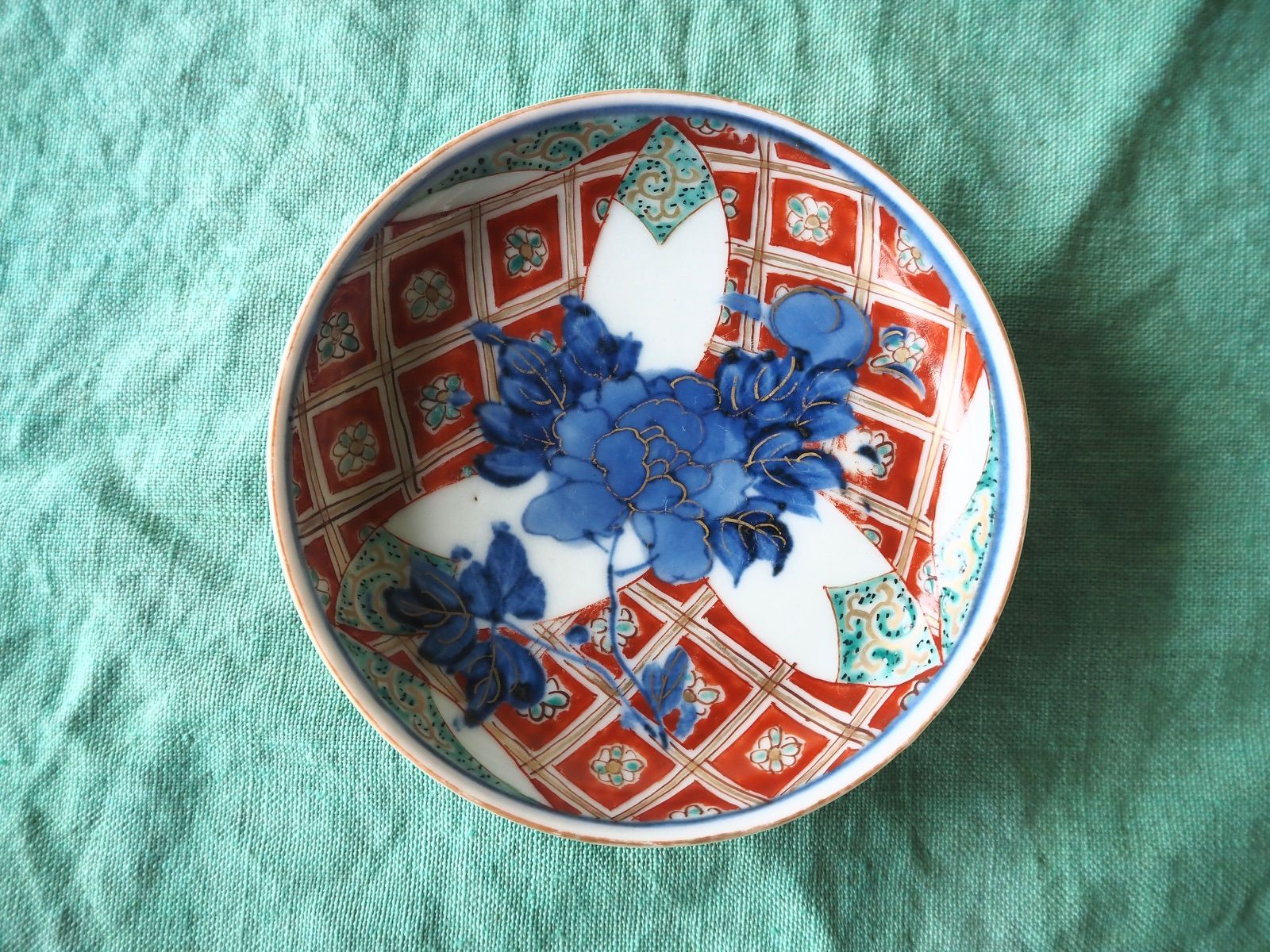 大聖寺伊万里　古伊万里　伊万里　色絵　金彩　向付　輪華鉢　5客 大聖寺伊万里 色絵金彩 小皿 2客セット｜染錦 花格子文 古道具を
