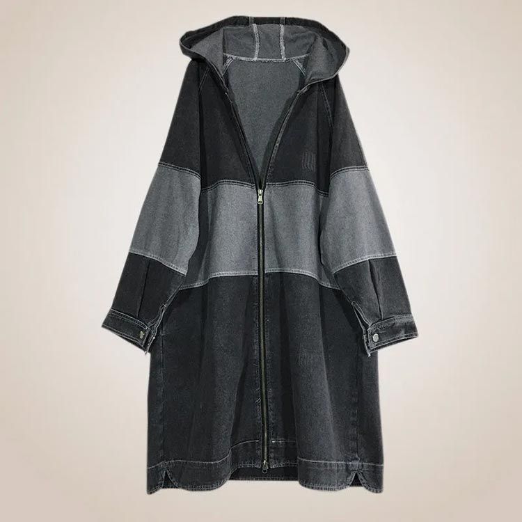 ロングコート フード付き 配色 ジップアップパーカー レディース