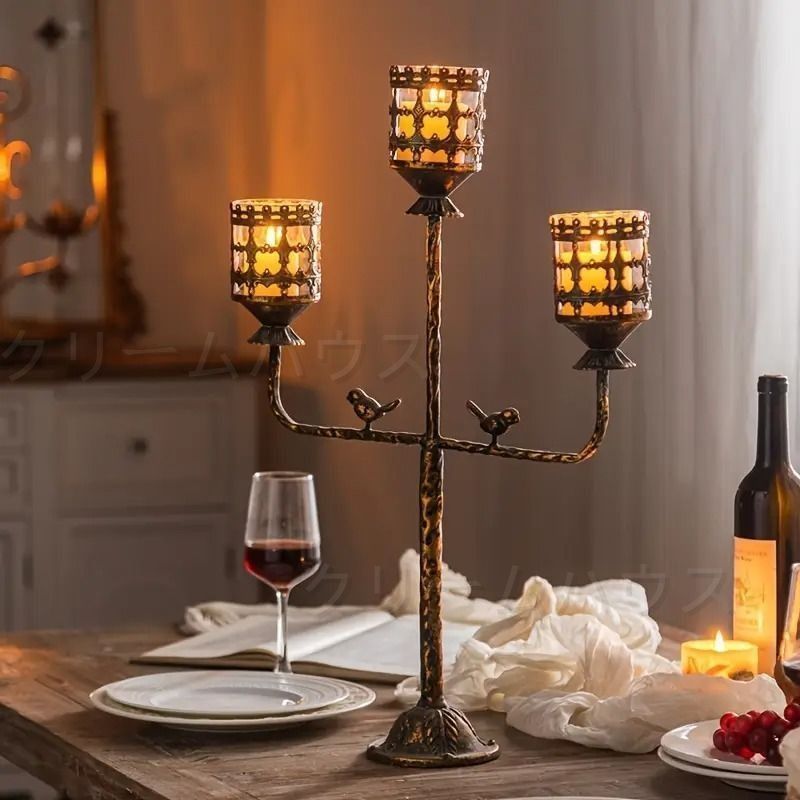 キャンドルホルダー - 装飾メタルキャンドルスティックホルダー、クラシックテーパーキャンドルホルダー、結婚式、ディナー、パーティー、リビング : kehail ゴールドクリスタルティーライトキャンドル