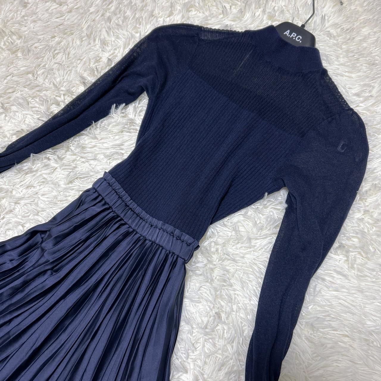 ANAYI ニット ドッキングワンピース プリーツ 38 ネイビー