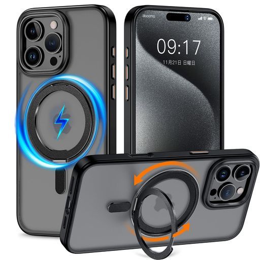  KMAMBNGiPhone16ProMax用ケース縦横両対応リング【多機能360度回転スタンド】MagSafe対応ワイヤレス充電対応半透明マットスマホケース米軍規格耐衝撃カメラレンズ保護車載ホルダー対応6.9インチ その他