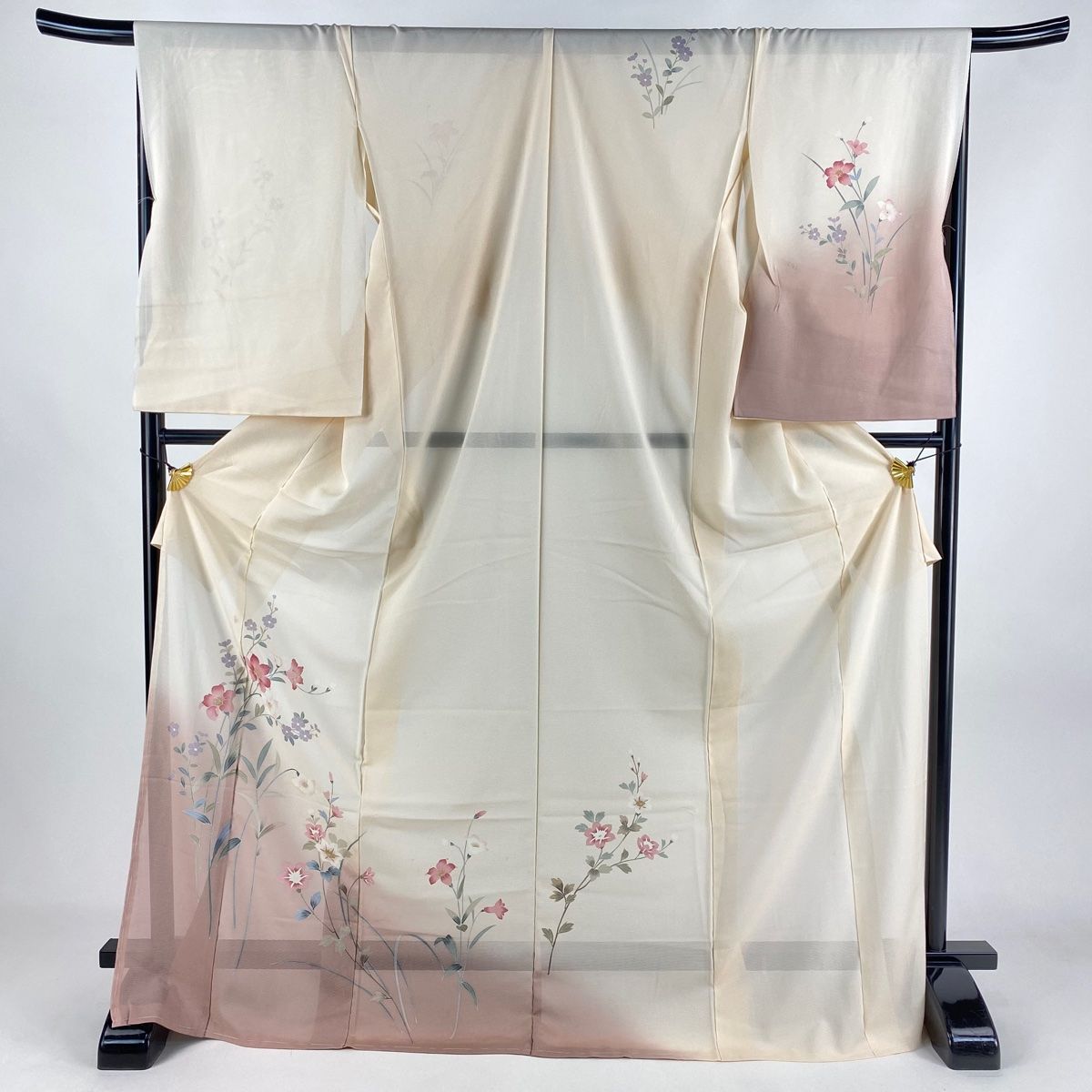 付下げ 身丈176cm 裄丈67.5cm 薄物 絽 仮絵羽 草花 染め分け ベージュ 正絹 秀品