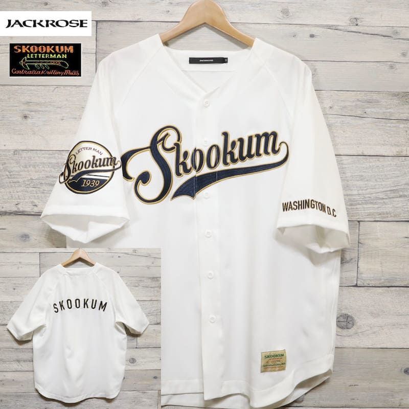 希少 JACKROSE スクーカム 半袖シャツ ストライプ 刺繍ロゴ 白 紺 L 新品 メンズ スクーカム SKOOKUM JACKROSE ジャックローズ