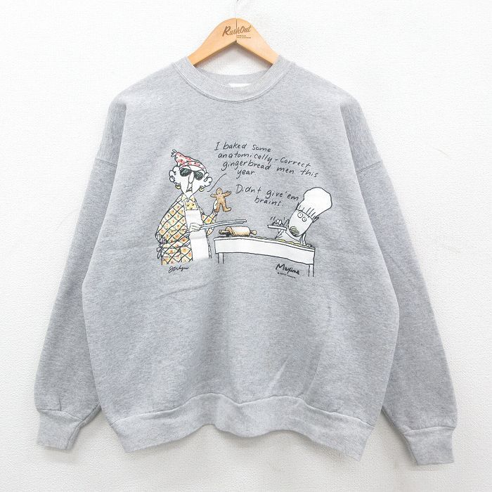 XL/古着 長袖 スウェット メンズ 90s クッキー メッセージ クルーネック グレー 霜降り 24sep11 中古 スエット トレーナー トップス
