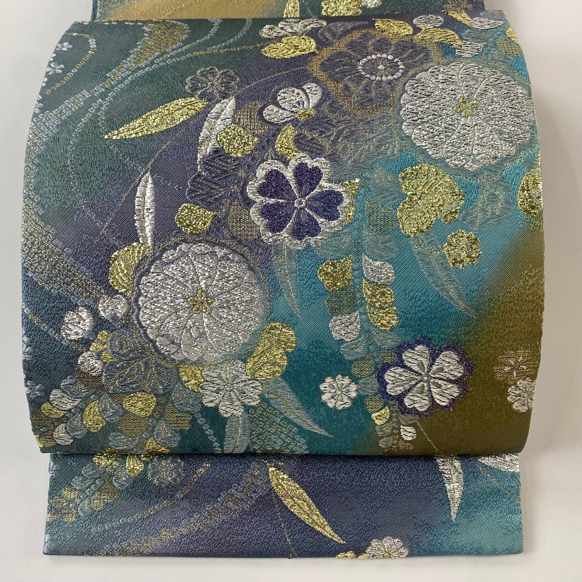 袋帯 秀品 ほていや 桜 菊 箔 銀糸 青緑 六通 正絹