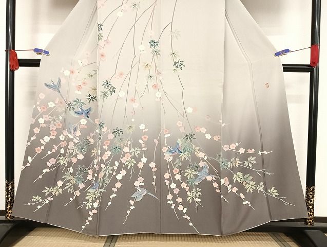 平和屋着物●十日町　加賀草木友禅の第一人者　田村哲彦　訪問着　梅松花鳥文　暈し染め　正絹　逸品　AAAU4358np 平和屋着物○十日町 加賀草木友禅の第一人者 田村哲彦 訪問着 梅松花鳥