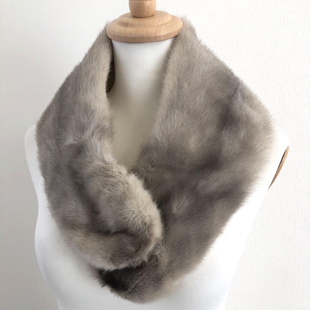 美品 毛皮 ミンク リアルファー マフラー ストール グレー ショール