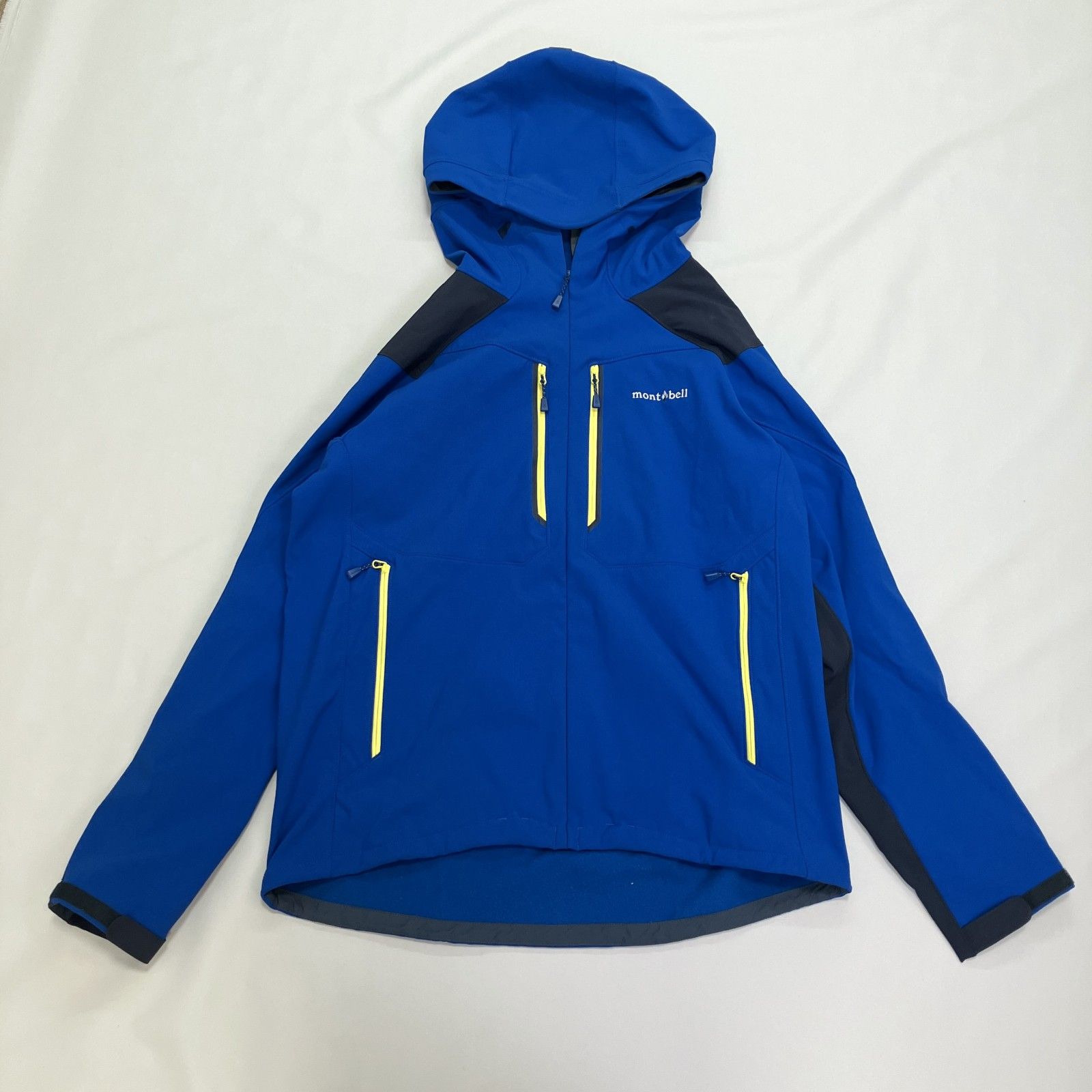 △ mont-bell モンベル マウンテンパーカー ロッシュパーカー CLIMA PRO ワンポイント 刺繡ロゴ 撥水 防風 イエロー 青 ロイヤルブルー XL メンズ 0.7kg