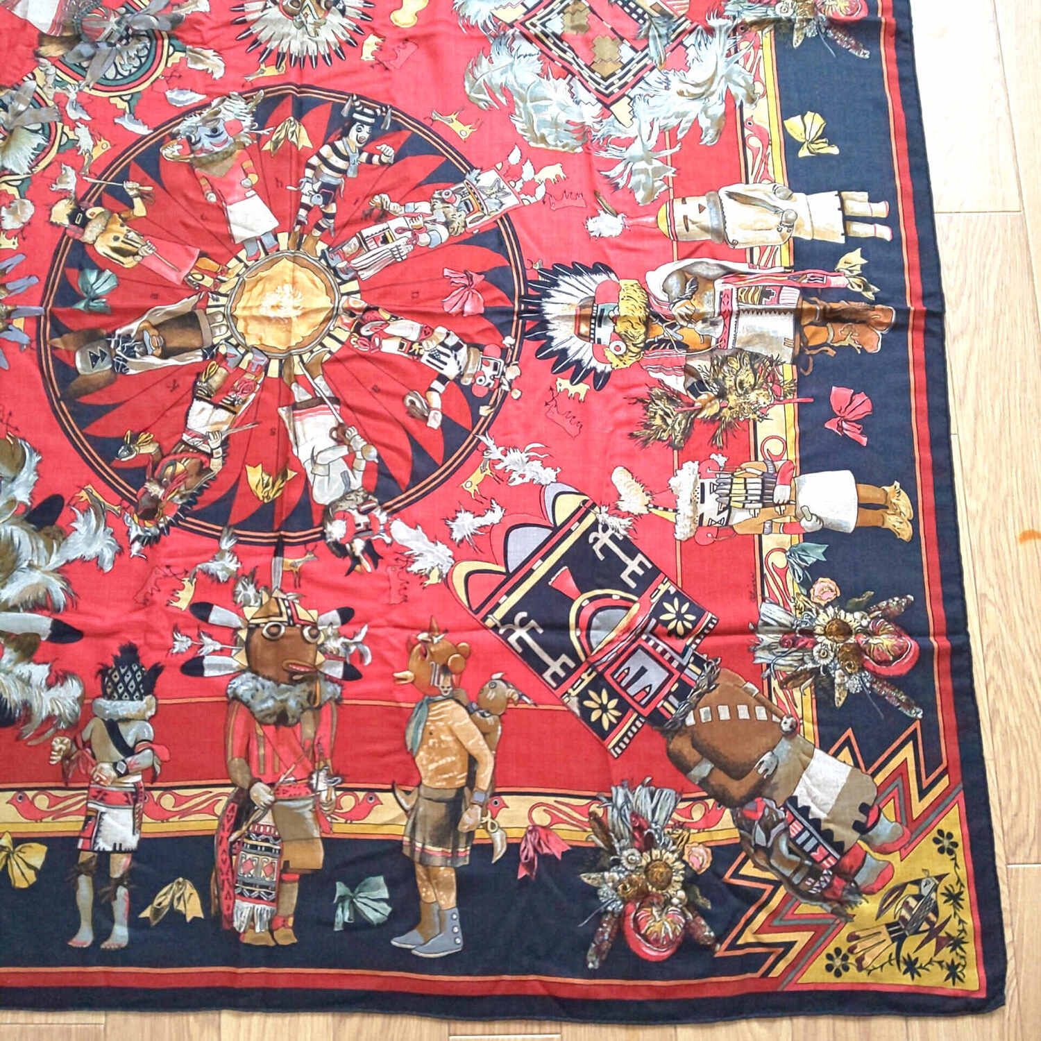 エルメス カチナ ポピ族インディアン柄 140 大判ショール 中古品 1061C-04 HERMES エルメス 大判スカーフ ホピ族 カチナ柄 インディアン