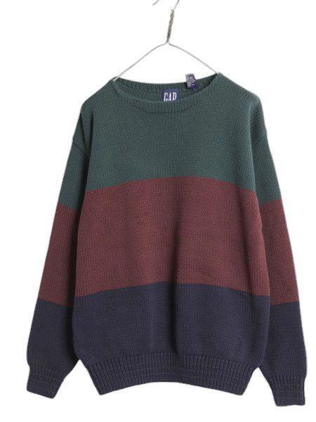 90s OLD GAP ボートネック コットン ニット セーター メンズ M / 紺タグ 90年代 オールド ギャップ リブ編み トリコロール ボーダー 無地