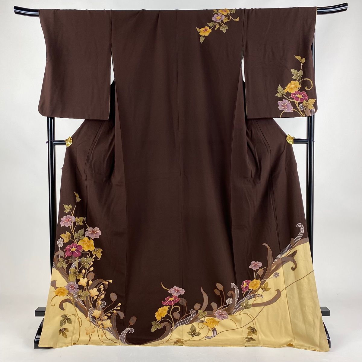訪問着 身丈173.5cm 裄丈69.5cm L 袷 草花 金彩 染め分け 焦茶色 正絹 名品