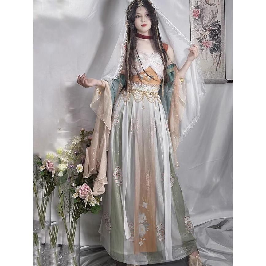 中華風アラビアン漢服 豪華古典宮廷舞踊衣裳 演目ダンス衣裳 異国風情トップス ロングスカート 19|20点セットアップ レディース敦煌飛天