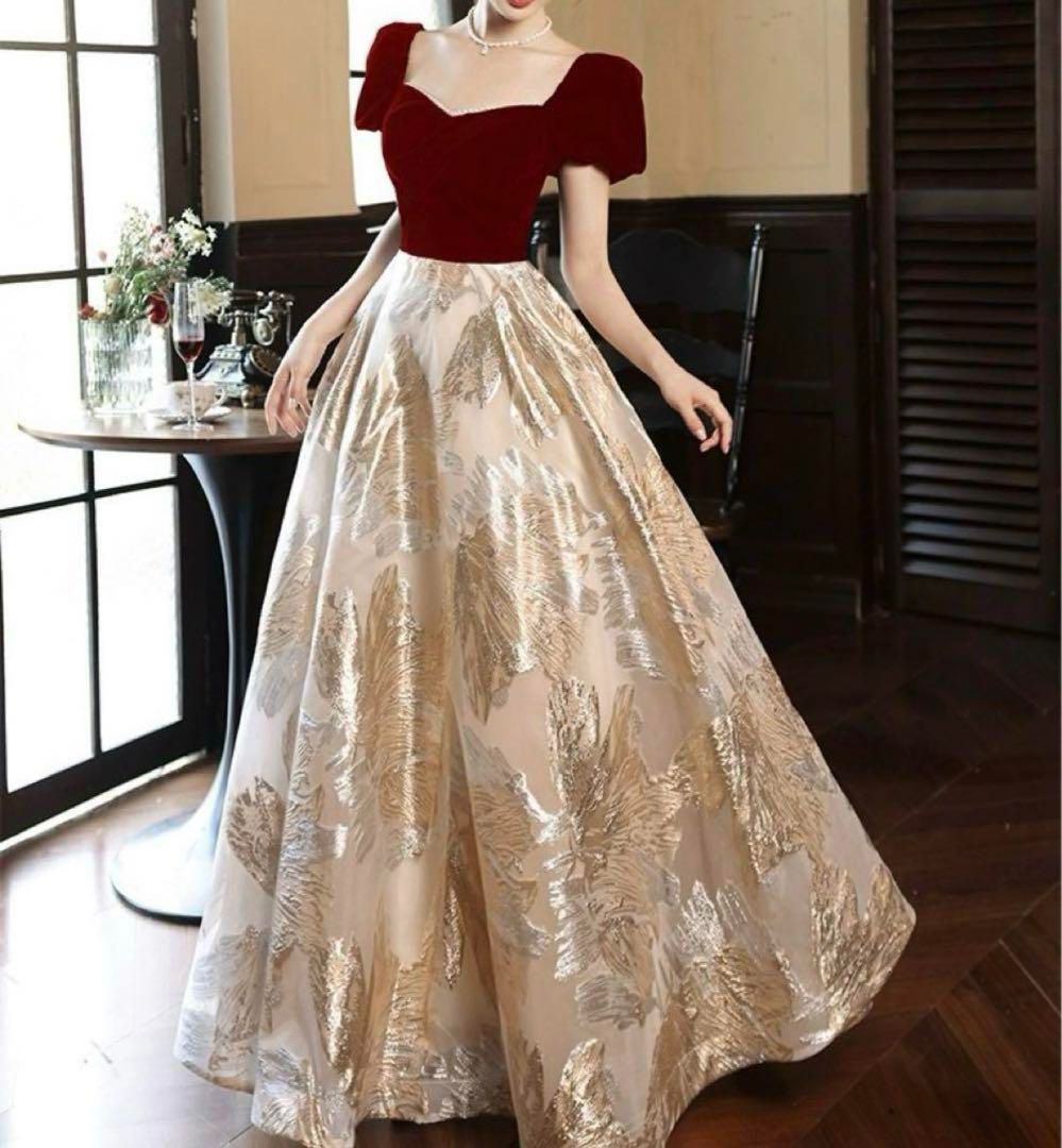 煌びやかな花柄が美しい パール付きパフスリーブ ロングドレス 煌びやかな花柄が美しい パール付きパフスリーブ ロングドレス