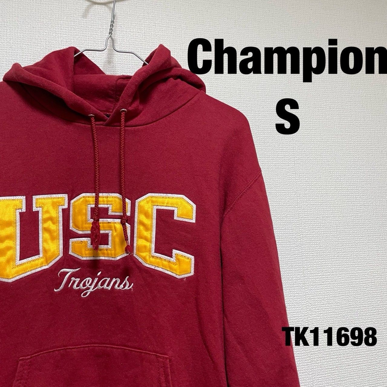 Champion フードパーカー 長袖 S レッド チームロゴ ワッペン