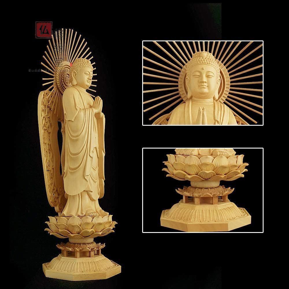 修縁堂】木彫り 仏像 釈迦如来立像 釈迦牟尼仏 放射光背 柘植材