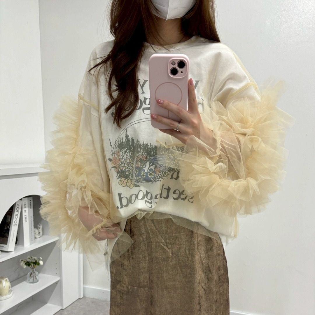 新品 MIMI MEMETE デコフリルスリーブ チュールブラウス アイボリー