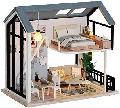 ピンクのDIYドールハウスロフトキット組み立てられたミニチュア家具付きプリンセスドールハウスおもちゃ子供用大人ギフト