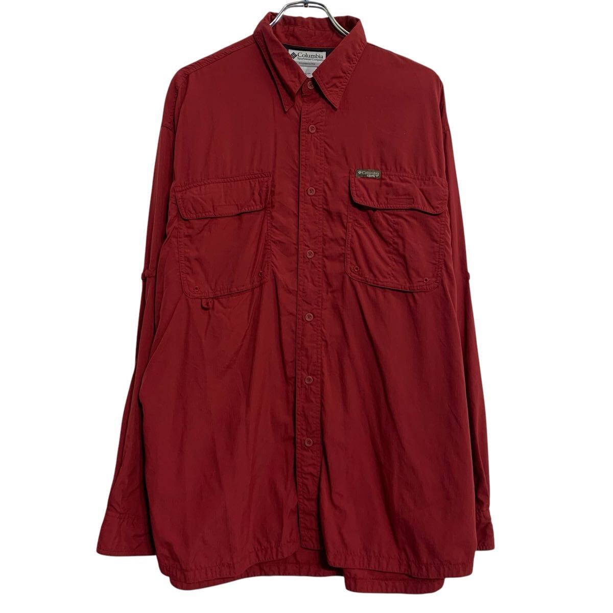 Columbia 長袖 無地シャツ XL レッド コロンビア ボタン ビッグサイズ PFG 胸ポケット ワンポイント ロゴ 古着卸 アメリカ仕入 a702-5078