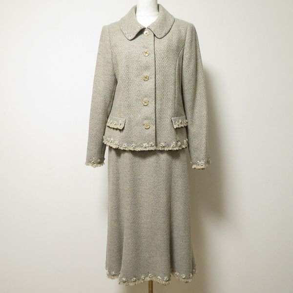wnc スズキノリオ Norio Suzuki スカートスーツ セットアップ ベージュ グレー オートクチュール ビジュー ツイード レディース 965656