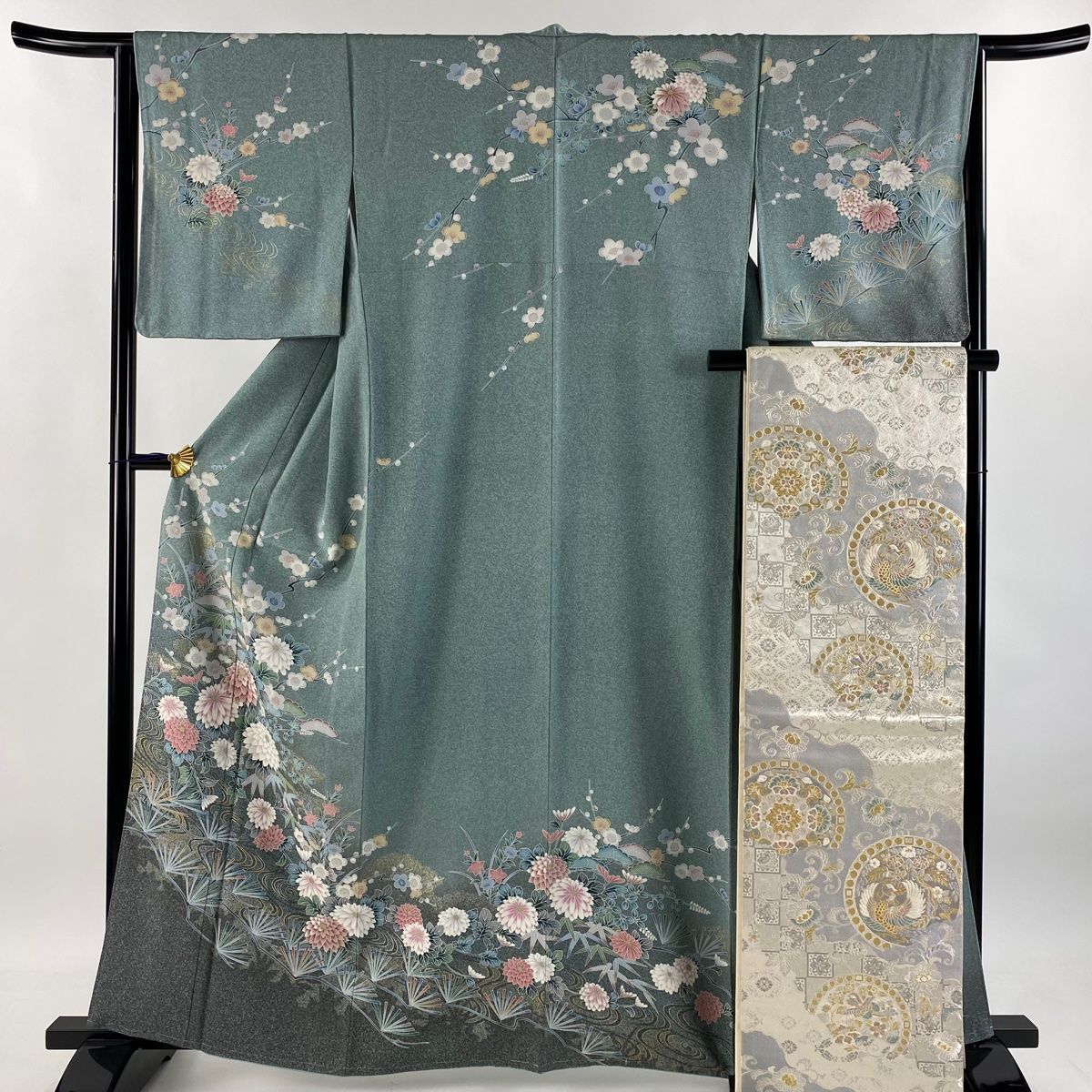 訪問着 身丈162cm 裄丈64cm M 袷 袋帯セット 松竹梅 菊 金銀彩 ぼかし 灰緑 正絹 秀品