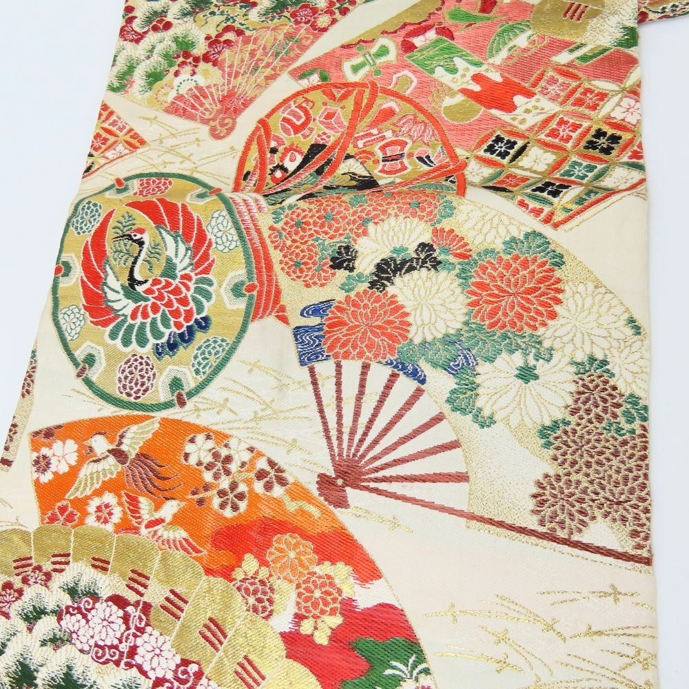 100%本物保証! 袋帯 全通柄 正絹 金銀糸除く アイボリー ゴールド マルチ 豪華 丸帯 両面 和装 呉服 和服 きもの レディース 女性 デート