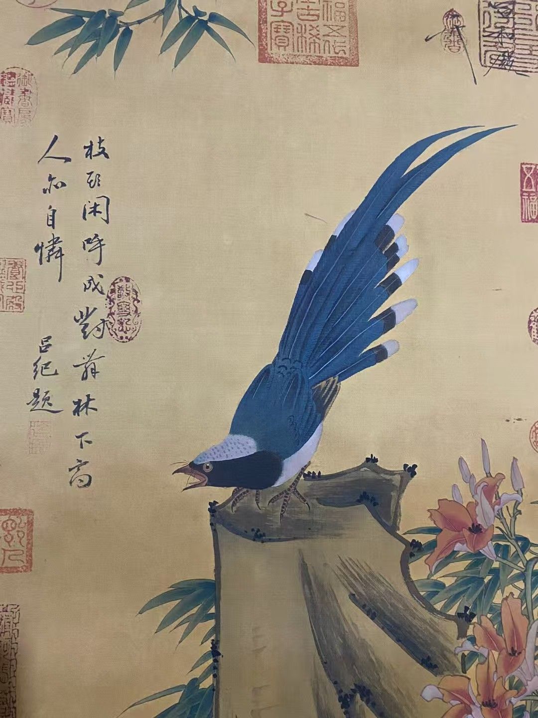 額 絵画 中国美術 骨董 花 鳥 七福神 中国 花鳥画 色鮮やかな中国画、花鳥図を額装しました