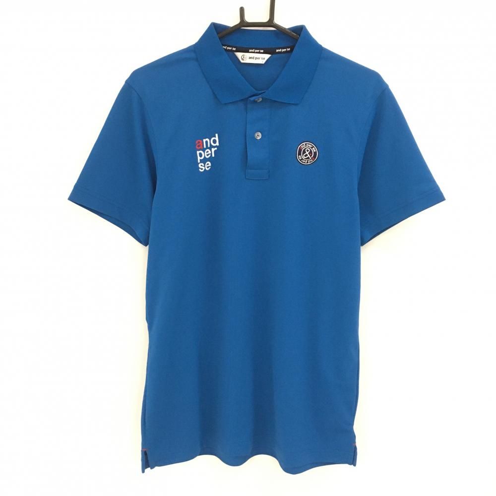 美品】アンパスィ 半袖ポロシャツ ブルー系 ロゴ刺しゅう メンズ L