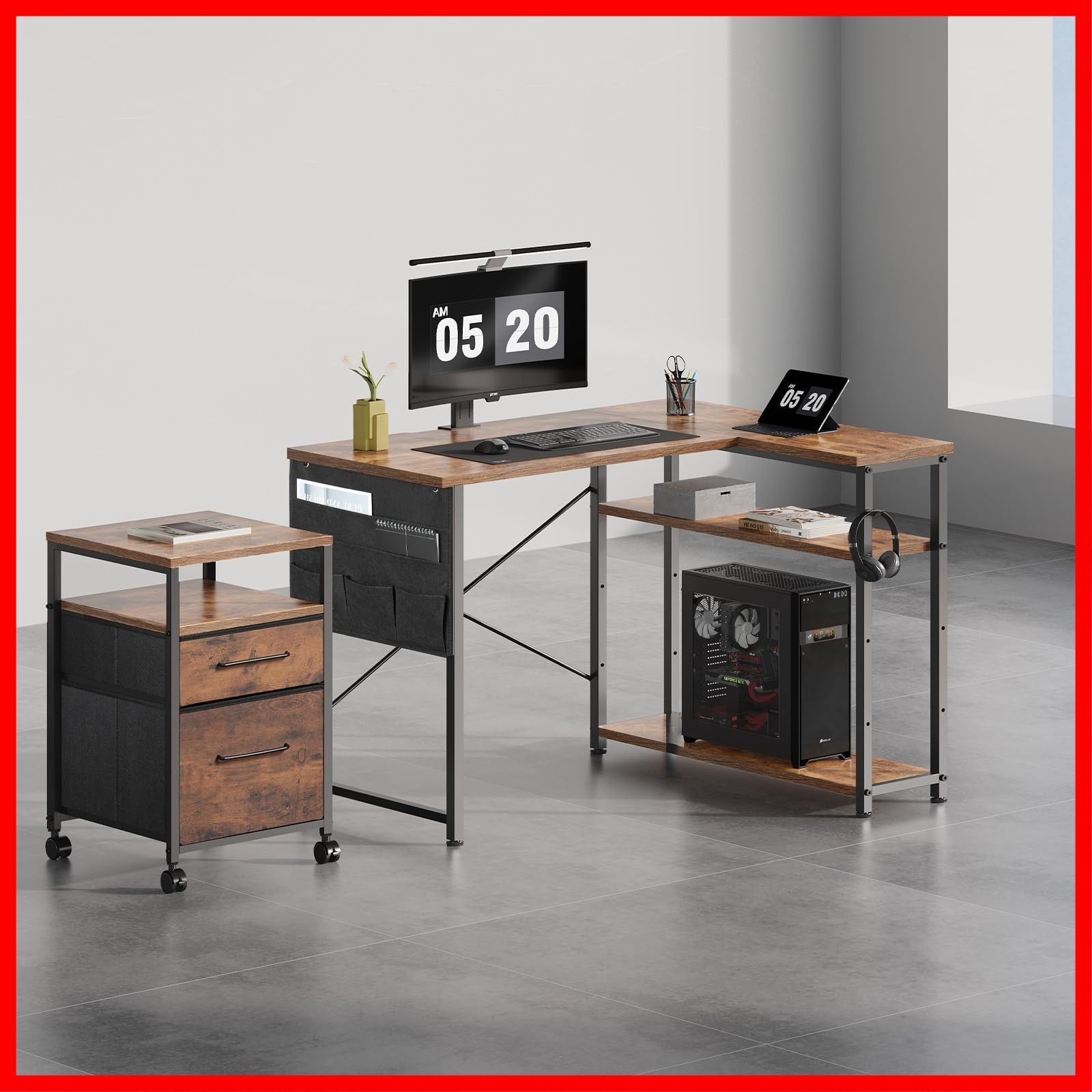 棚板高さ調節 つくえ 作業机 コーナーデスク 幅99 cm L字型 右棚左棚 パソコンデスク リモートワーク 勉強机 学習机 ラック付き pcデスク 机 ピンテージ l字デスク Maihail