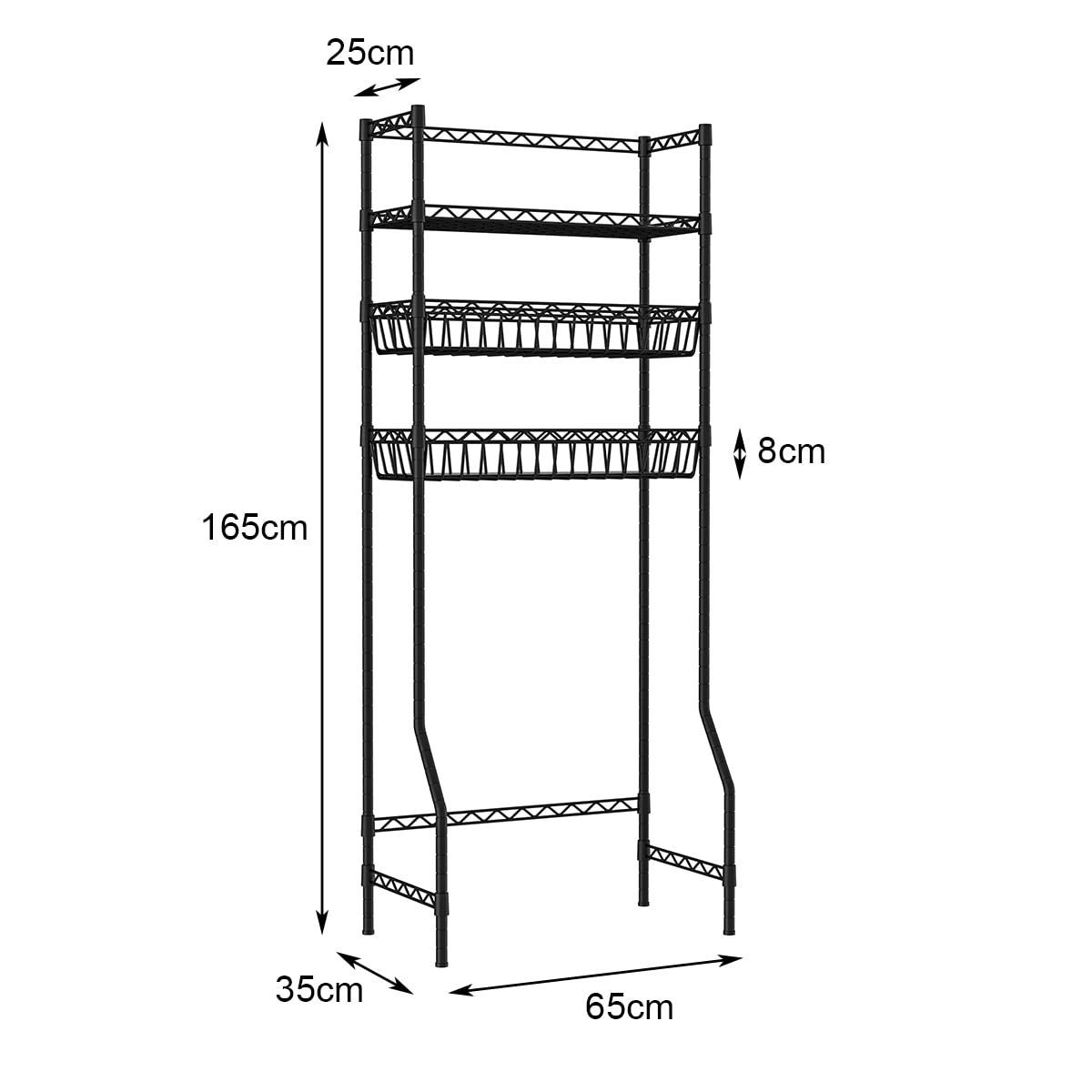 洗濯機ラック 収納棚 棚 3段 トイレ 洗濯物の部屋 収納 簡単設置 洗濯機 おしゃれ トイレラック 165 65 35cm ランドリーラック ブラック