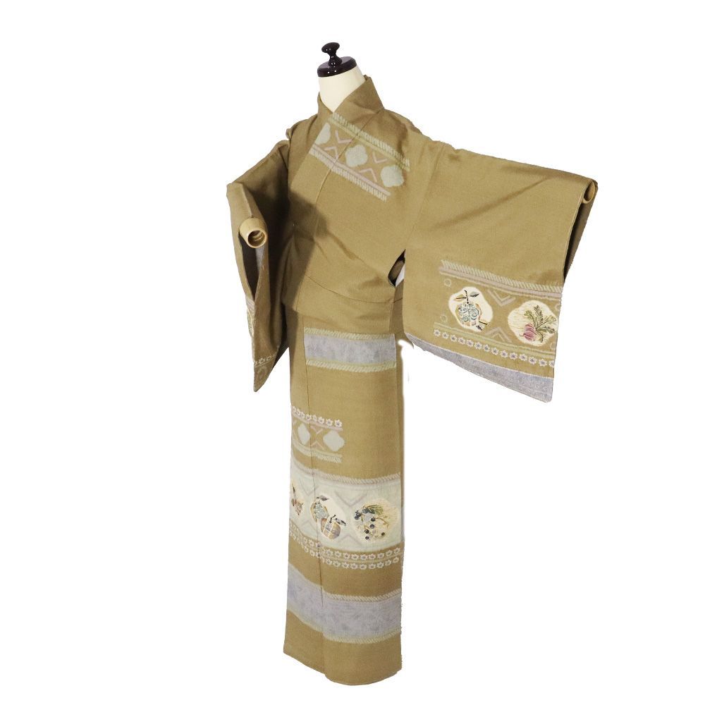 紬 訪問着 袷 正絹 抹茶色 ベージュ グレー 絞り染 京野菜 茄子 リンゴ かぶら クワイ 大根 Mサイズ ki31146 レディース み