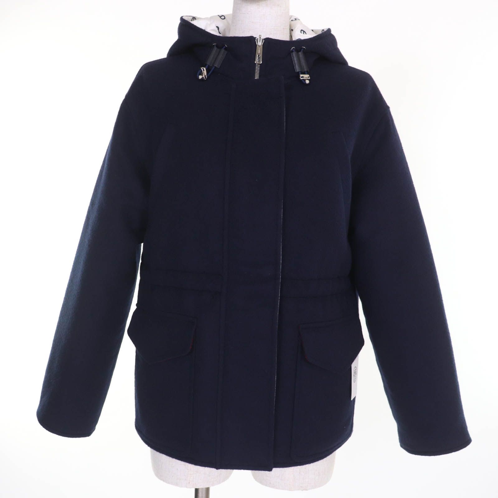 HERMES エルメス 製 3E0123DA カシミヤ100％ シェーヌダンクル 中綿入り リバーシブル ジャケット ネイビー ホワイト 34 イタリア製 レディース