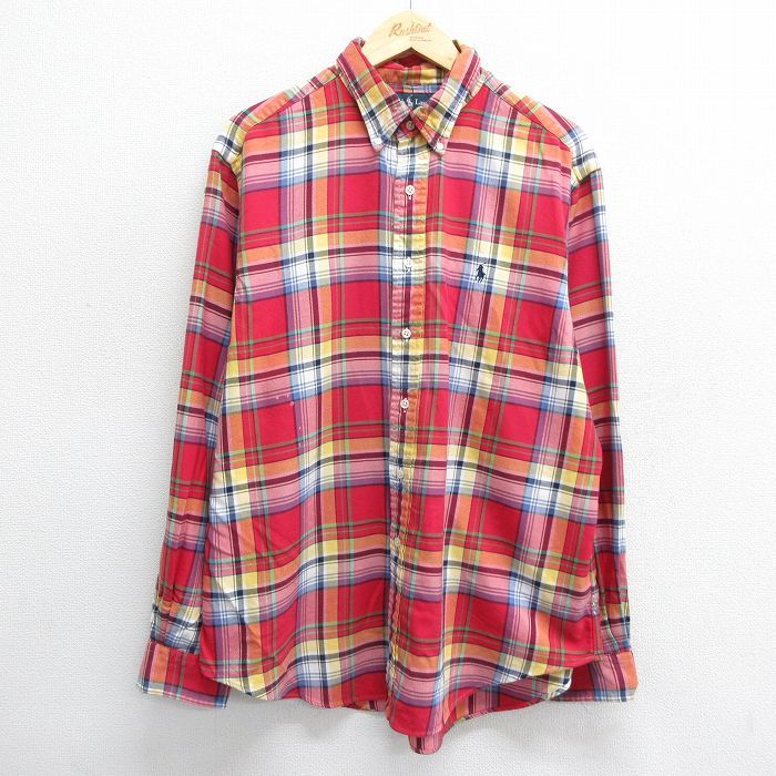 XL/古着 ラルフローレン 長袖 ブランド フランネル シャツ メンズ 90s ワンポイントロゴ 大きいサイズ コットン ボタンダウン 赤他 レッド 