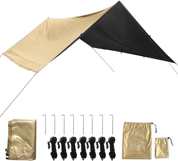 JIYUNII Tarp Waterproof Tarp Sun Shade 3000mm Water Resistant Camping Tarp 99.9% UV Protection Heat Shielding Shade Tent Awning Shade with Storage Bag for Outdoor Fishing Mountaineering (Brown, 3x3)