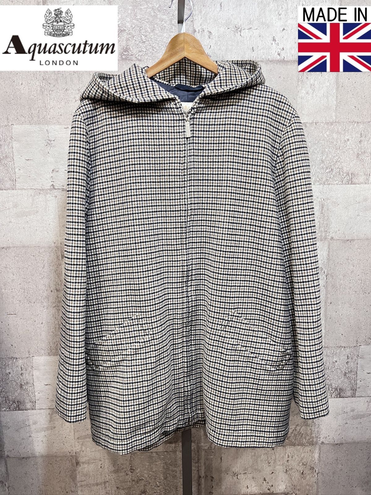 英国製 アクアスキュータム ガンクラブチェック ウール フーディー XL メンズ Aquascutum パーカー ジャケット コート イングランド製