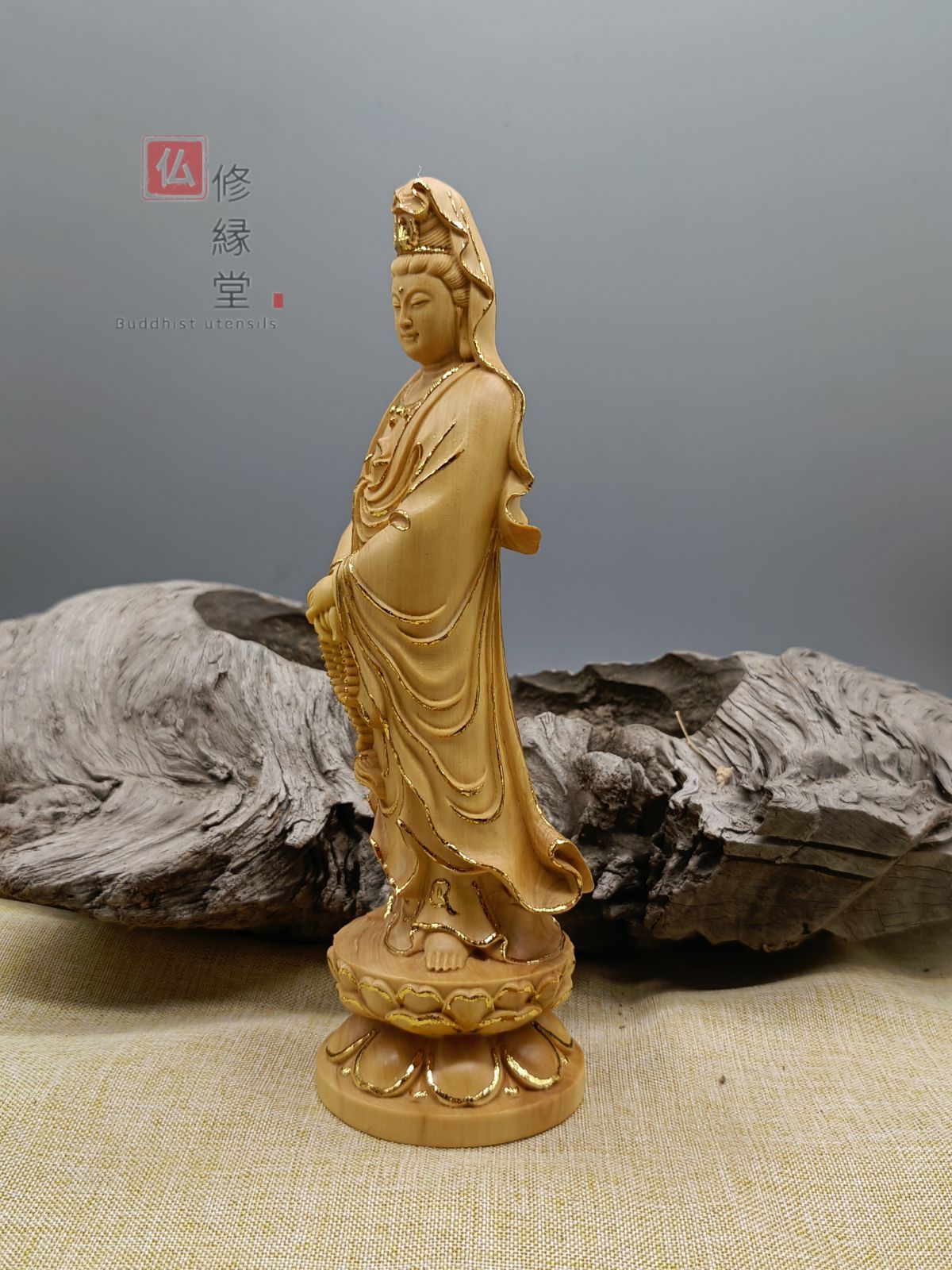 修縁堂】最高級 木彫り 仏像 持珠観音菩薩立像 本金 切金 彫刻 柘植材 