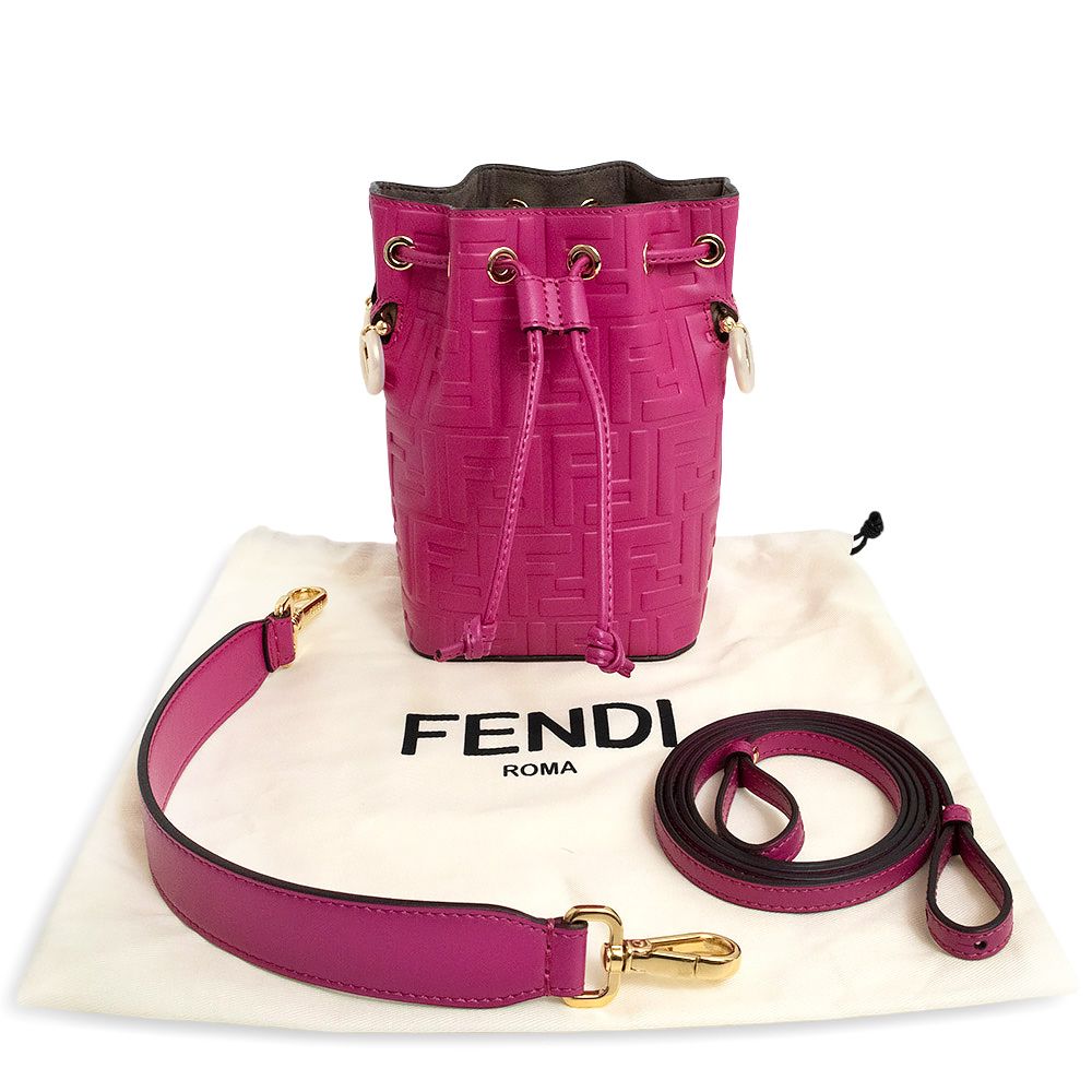 フェンディ モン トレゾール ミニ 巾着 ズッカ柄 2Way ショルダー ハンドバッグ 斜め掛け カーフスキン レザー チクラミーノ ピンク ゴールド金具 8BS010 FENDI