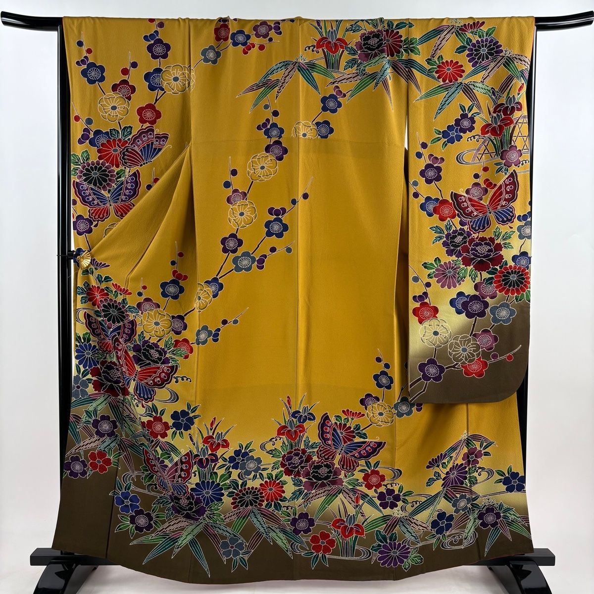 振袖 身丈162cm 裄丈70cm L 袷 蝶 草花 ぼかし 山吹茶色 正絹 名品 振袖