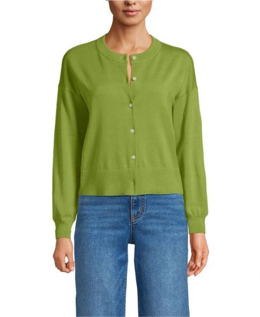 送料無料 ランズエンド レディース ニット セーター アウター Women s Cropped Fine Gauge Crew Neck Cardigan Sweater Winter pear