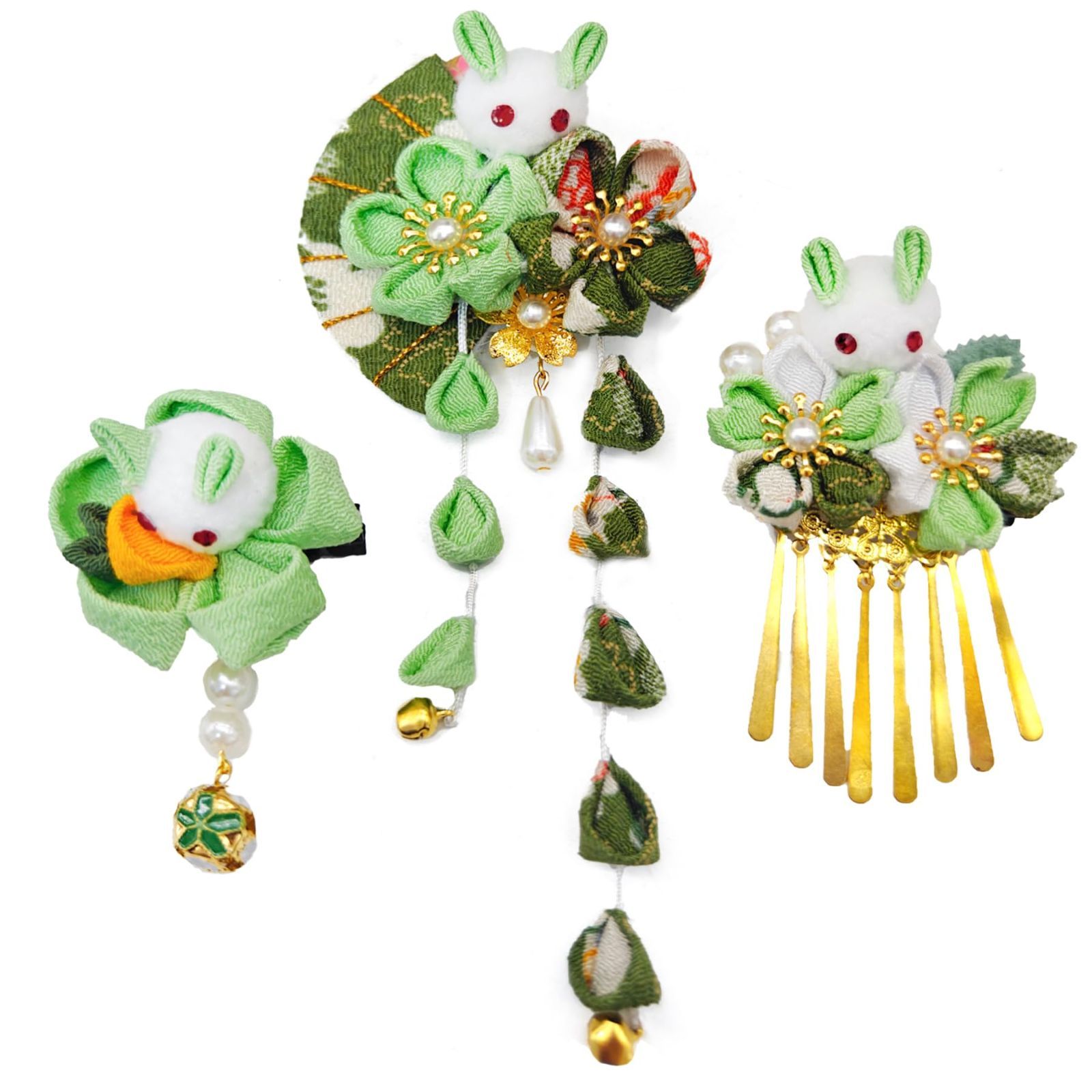 【大人気，100%新品】 【特価商品】着物 振袖 袴 和装 つまみ細工 浴衣 花 卒業式 七五三 結婚式 人気 成人式 和服 ヘアーアクセサリー 3点セット かんざし 結納 髪飾り 入学式 発表会 [JZOON] 鈴付き 手作り 和装小物