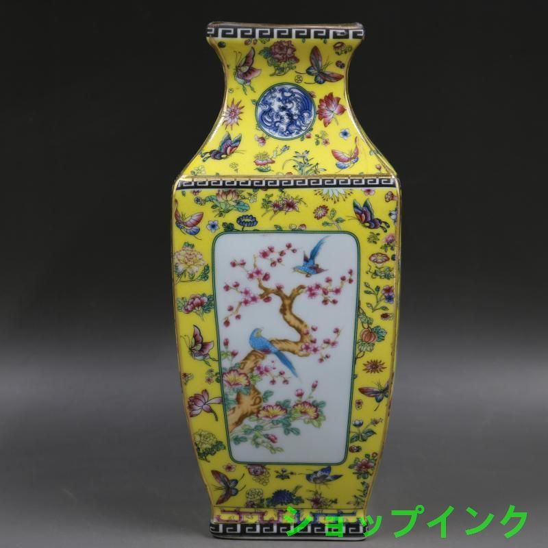 清乾隆琺瑯彩飄花黄地花鳥四方瓶 景徳鎮 陶磁器 装飾品 現代工芸