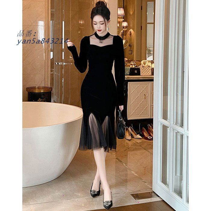首元シースルー 裾フリル膝丈タイト 長袖ドレスワンピース 黒 パーティー お呼ばれ おしゃれドレス きれいめ 韓国 セクシー yan5a843214