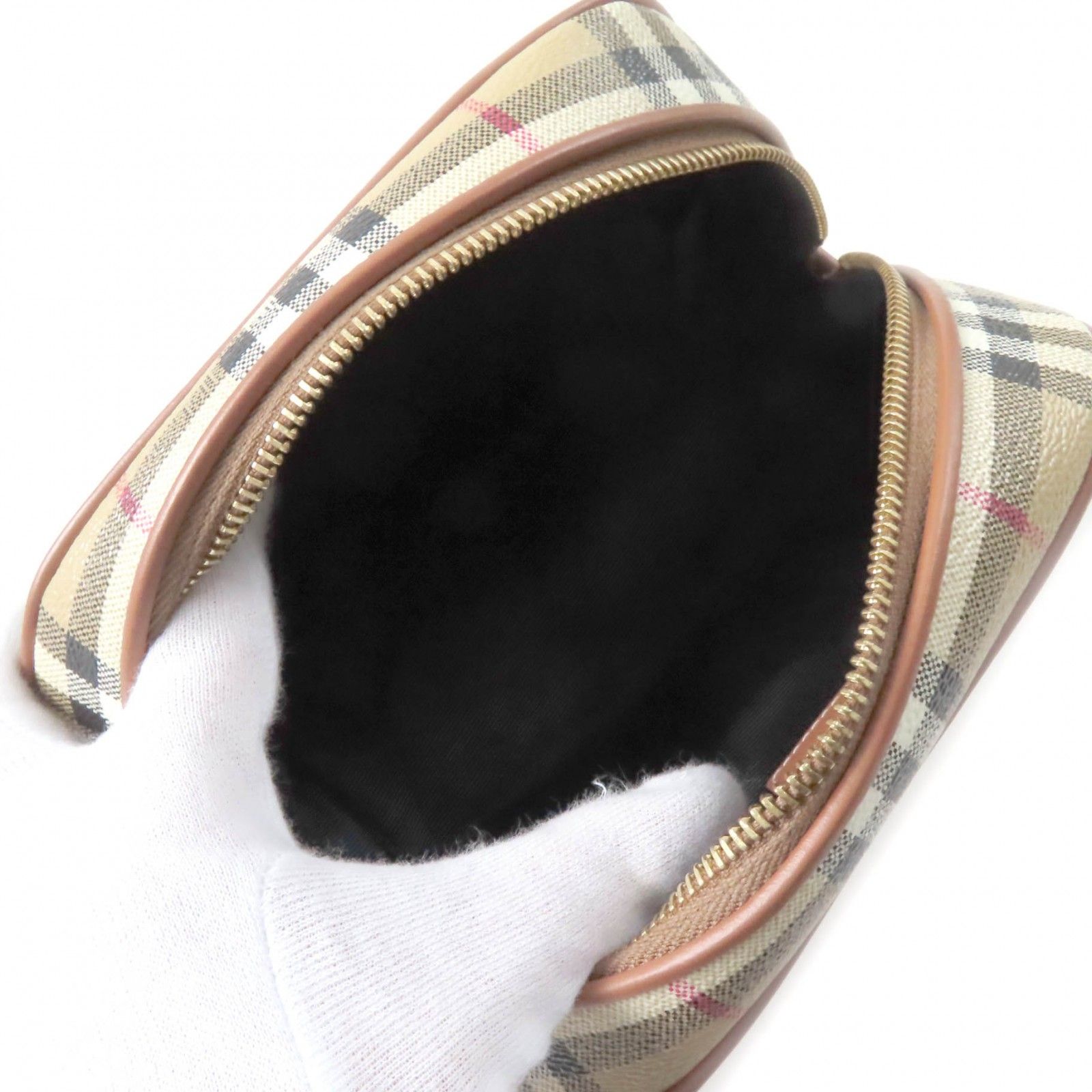 美品★BURBERRY バーバリー 8067159 バーバリー プローサム レザーロゴパッチ付 ノバチェック柄 アクセサリーポーチ ベージュ 箱・袋付 美品☆BURBERRY バーバリー 8067159 バーバリー プローサム レザー