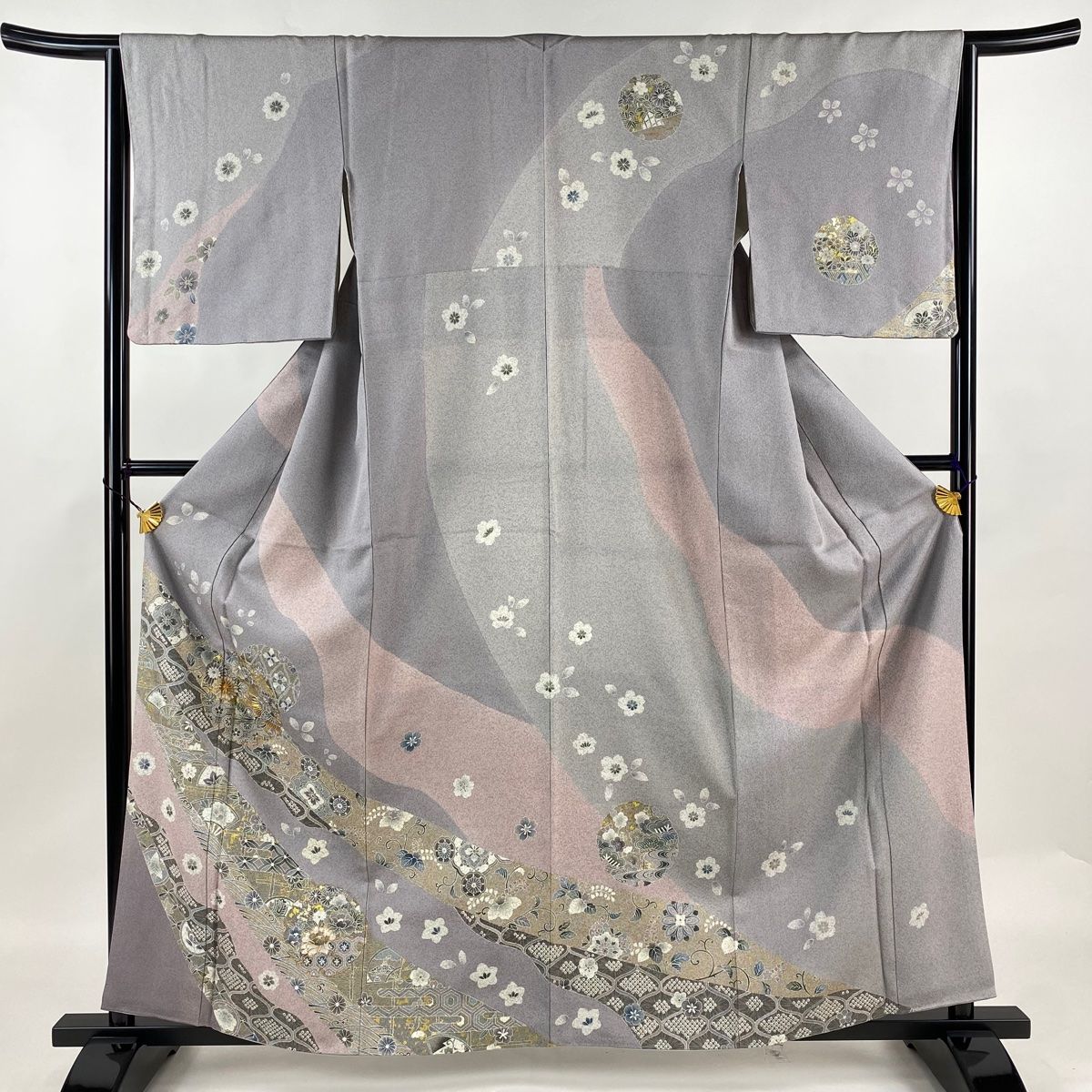 訪問着 身丈161cm 裄丈65.5cm M 袷 雪輪 花鳥 金糸 金彩 灰紫 正絹 名品