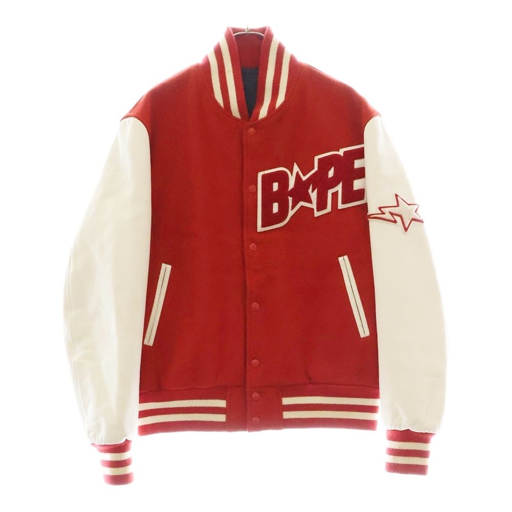 A BATHING APE アベイシングエイプ ロゴスターパイルパッチ レザー切替 ウール スタジアムジャンパー スタジャンブルゾン レッド|ホワイト