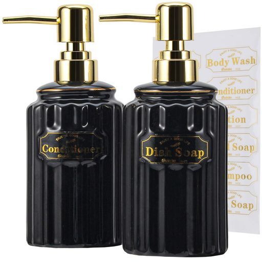 SOOKDEOソープディスペンサー-400mlセラミックボトル、ゴールドポンプu0026防水ラベル付き、シャンプー、ハンドソープ、ディッシュソープ、ローション、ボディウォッシュ用-バスルーム、キッ