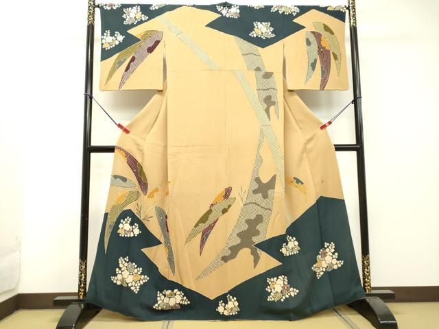 平和屋着物○和染紅型 栗山紅型 栗山吉三郎 訪問着 草葉文 鬼しぼ縮緬  