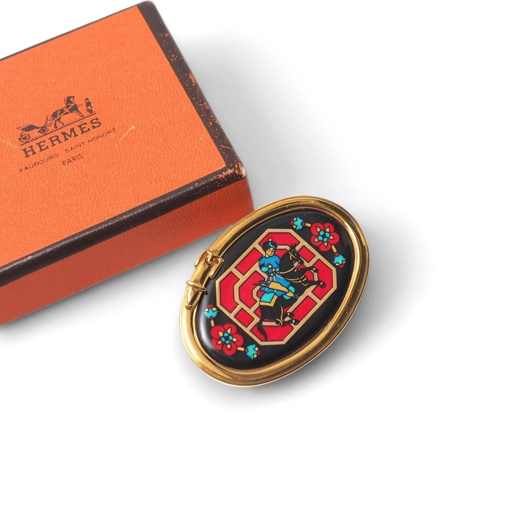HERMES エルメス ブローチ エマイユ 七宝焼き 騎馬 花 ブランド古着