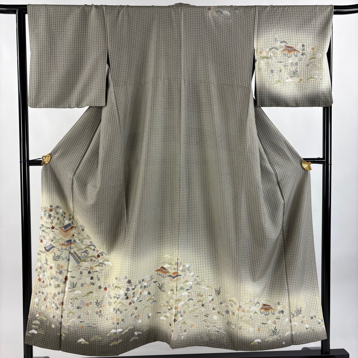 訪問着 身丈150.5cm 裄丈65cm M 袷 家屋 松竹梅 刺繍 金糸 茶緑色 正絹